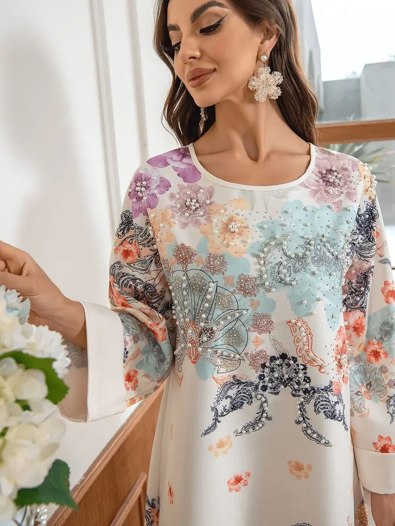 Elegant Floral Print Long Kaftan Dress
