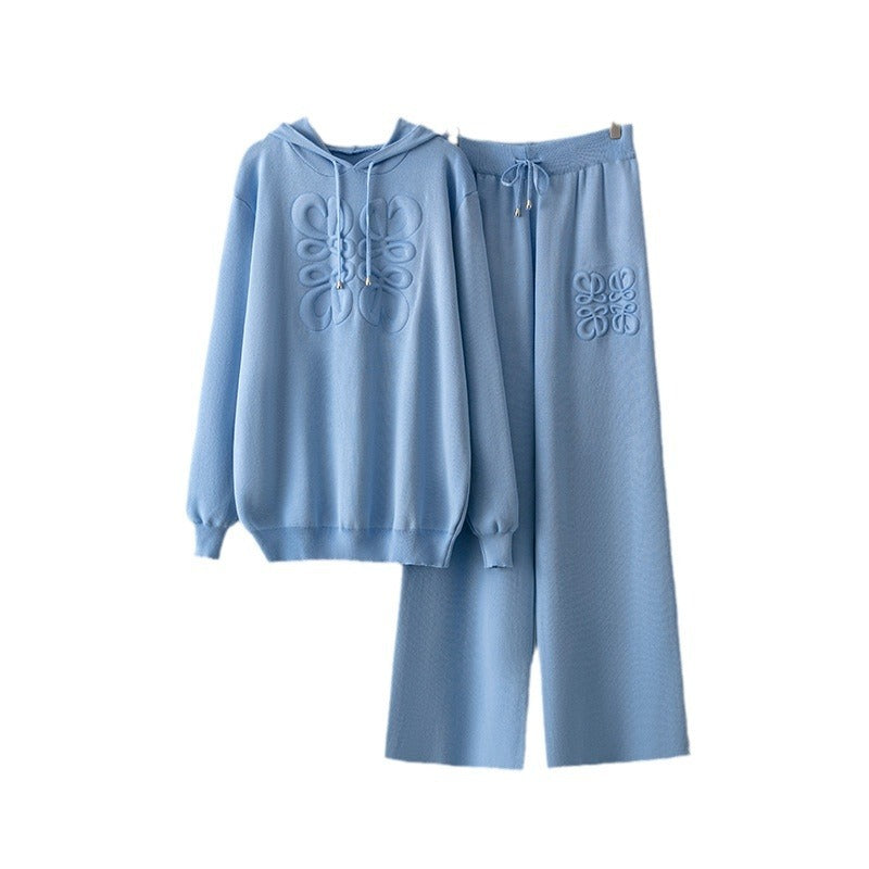 Niche Knitted Blue Embroidery Casual Two-piece Suit