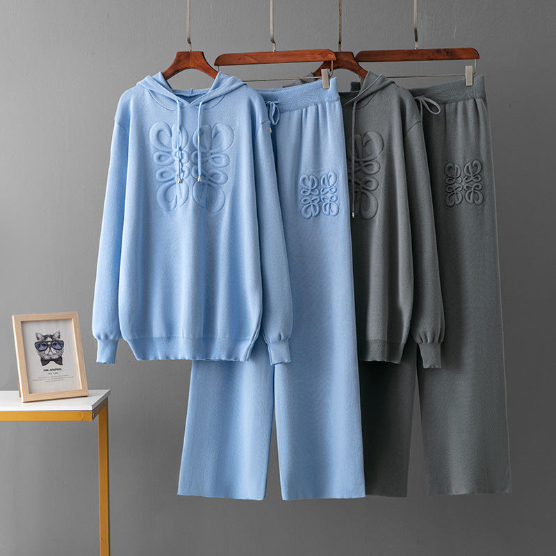 Niche Knitted Blue Embroidery Casual Two-piece Suit