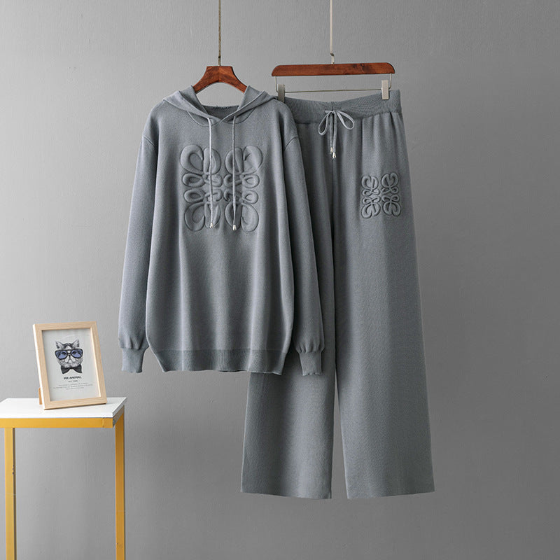 Niche Knitted Blue Embroidery Casual Two-piece Suit