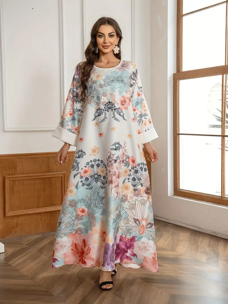 Elegant Floral Print Long Kaftan Dress