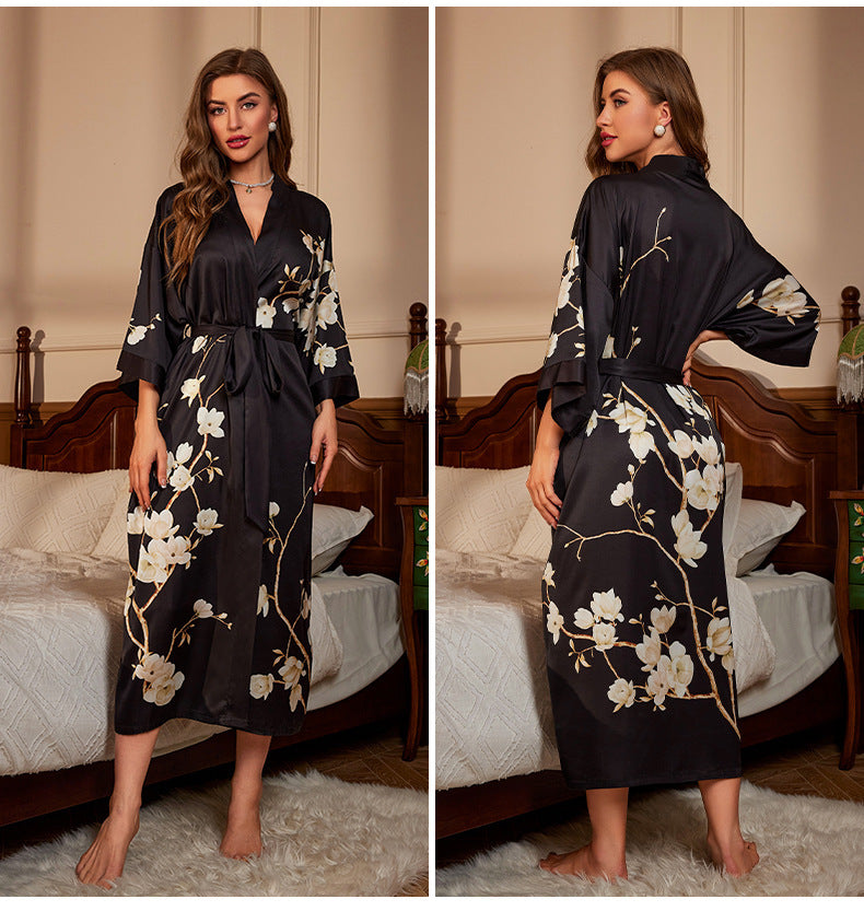 Pajamas Nightgown Shadow Red Satin Luxury Lace-up Morning Gowns Bathrobe