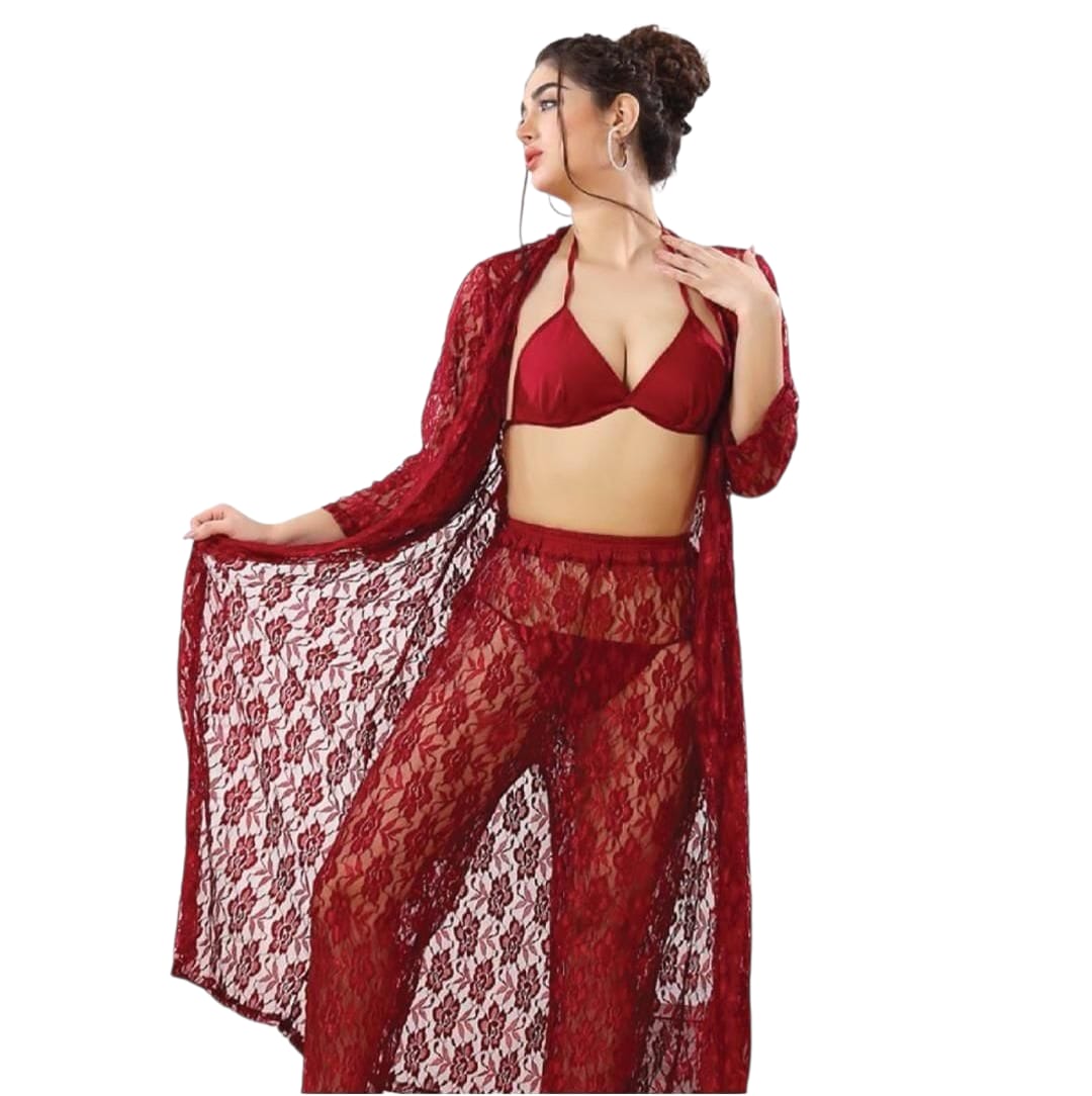 Red Silk Nightgown with Bra & Panties