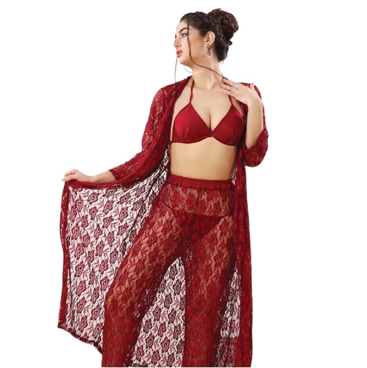 Red Silk Nightgown with Bra & Panties