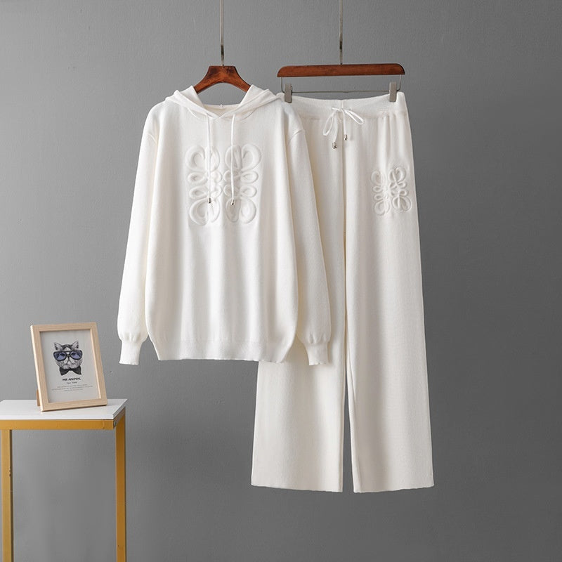 Niche Knitted Blue Embroidery Casual Two-piece Suit