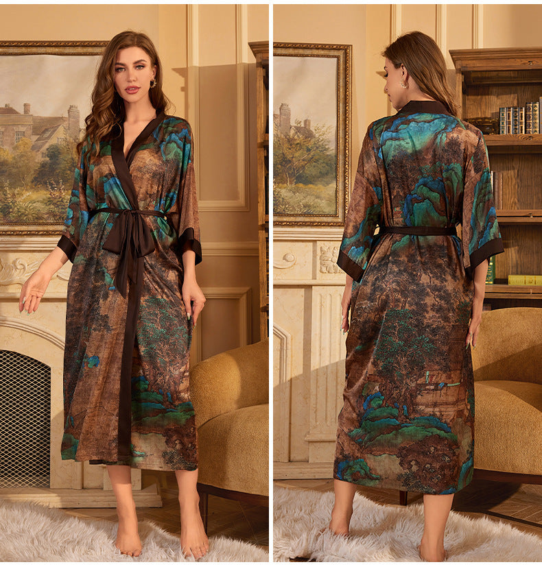 Pajamas Nightgown Shadow Red Satin Luxury Lace-up Morning Gowns Bathrobe