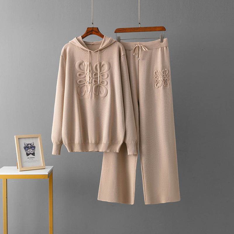 Niche Knitted Blue Embroidery Casual Two-piece Suit