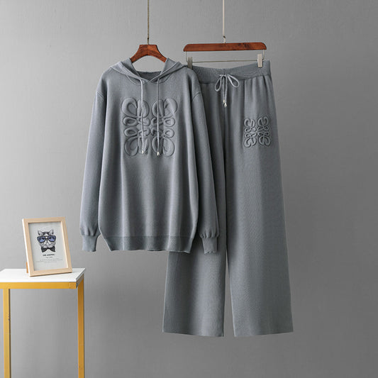Niche Knitted Blue Embroidery Casual Two-piece Suit