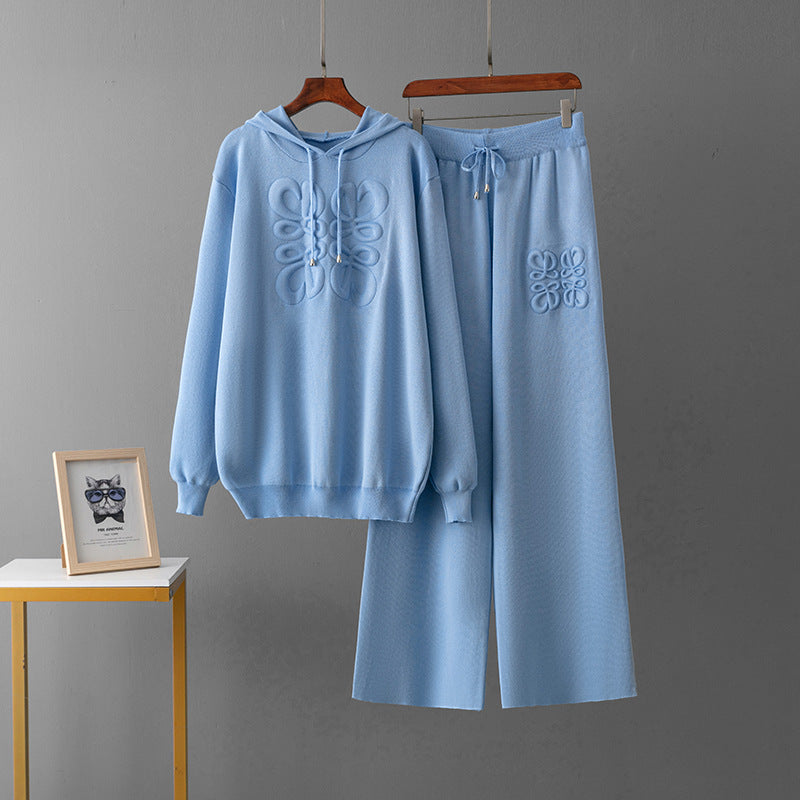 Niche Knitted Blue Embroidery Casual Two-piece Suit