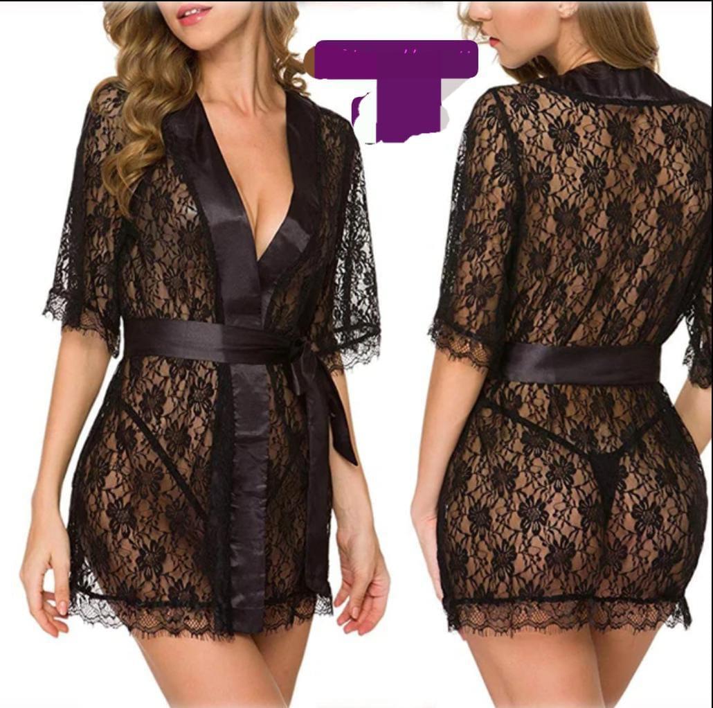 Stylish Black Silk Nightgown Set